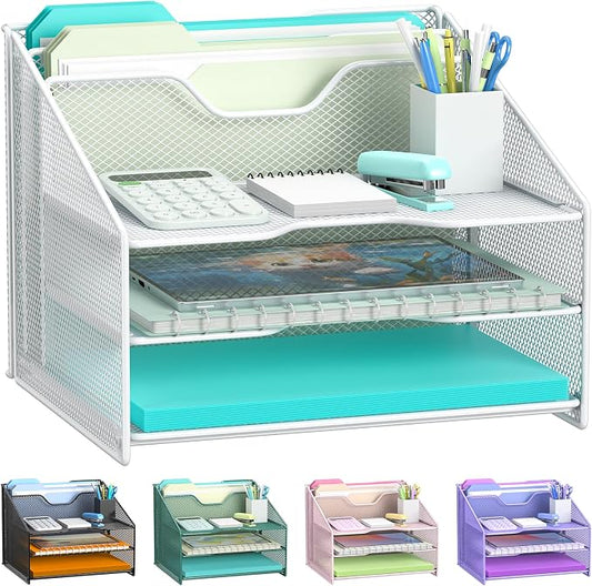 Samstar White Desk File Organizer, Mesh Letter File Folder Holder with 3 Paper Trays and 2 Vertical Upright Section, for Office Supplies, Desk Accessories & Workspace, White by Samstar