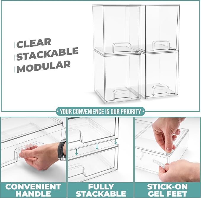 Sorbus Acrylic Storage Containers - 4 Pack, Stackable Storage Bins Set for Bathroom Organization - Clear Acrylic Drawer Organizers - Makeup Case Pull-Out Drawers (7.6’’ Tall) - Image 5
