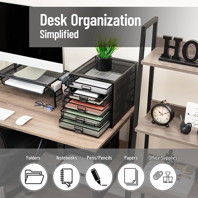 Mind Reader File Storage Drawers, Desk Organizer, Multi-Purpose, Crafts, Office, Metal Mesh, 11"L x 14"W x 11"H, Black, 5 Drawer - Image 3