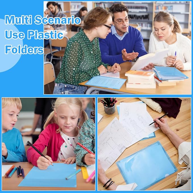 Fainne 100 Pcs Plastic Document Folders Clear File Folders Plastic Pockets Sleeves Letter Size 8.7 x 12.2 Inches A4 Assorted Colors for Office Supplies (Blue) - Image 6