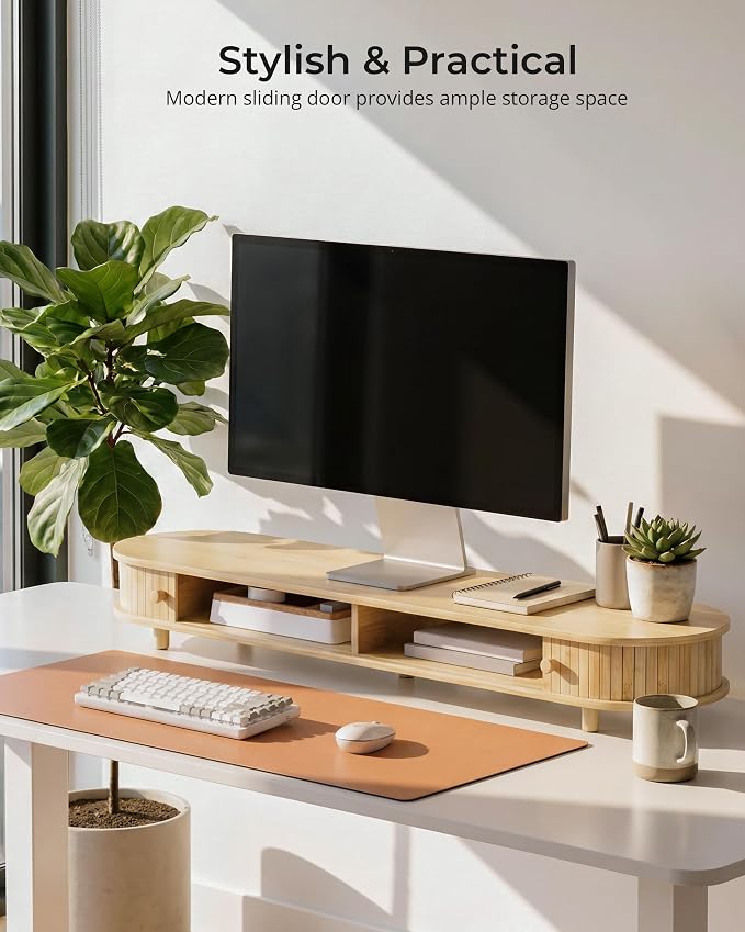 Bamboo Dual Monitor Stand with Storage, 42 Inch Desk Shelf Riser | Curved Double Computer Laptop Stand Desk Shelf Organizer with Sliding Doors for 55-72 Inch Desk - Image 2