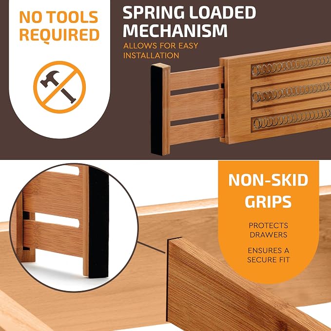 6-Pack Deep Drawer Dividers 4-Inch High Dresser Drawer Organizer, Bamboo | Adjustable 11.5-17 Inch Spring-Loaded Separators for Clothes, Utensils, Socks, Bedroom, Bathroom, Kitchen, Office, No Tools - Image 5