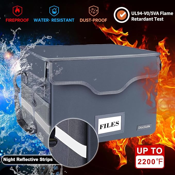 DocSafe Fireproof Document Box with Lock,File Storage Organizer with Zipper Pockets,Collapsible Portable File Box Home Office Safe Filing Cabinet with Handle for Hanging Letter/Legal Folders,Gray - Image 3