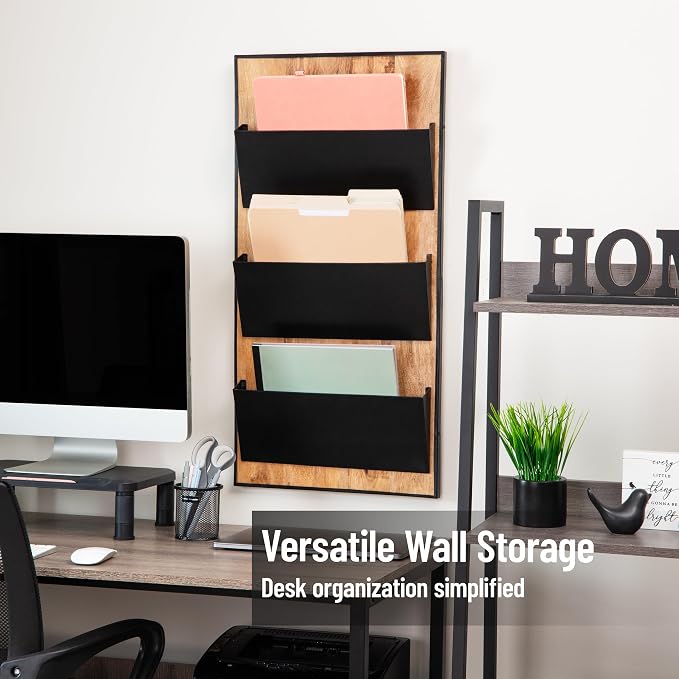Mind Reader 3-Tier Wall-Mounted File Organizer, Wood and Metal Vertical Rack for Mail, Magazines, and Documents, Black - Image 2