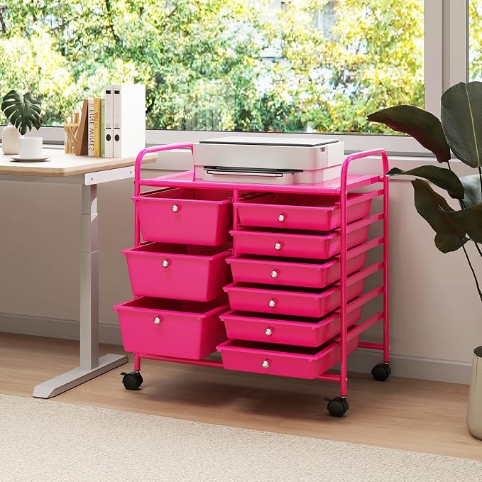 Moccha 9-Drawer Rolling Storage Cart - Under Desk Storage Drawers with wheels for Craft Art Supply Paper Salon, Scrapbook Paper Tools, Mobile Utility Cart for Classroom, Hot Pink - Image 8