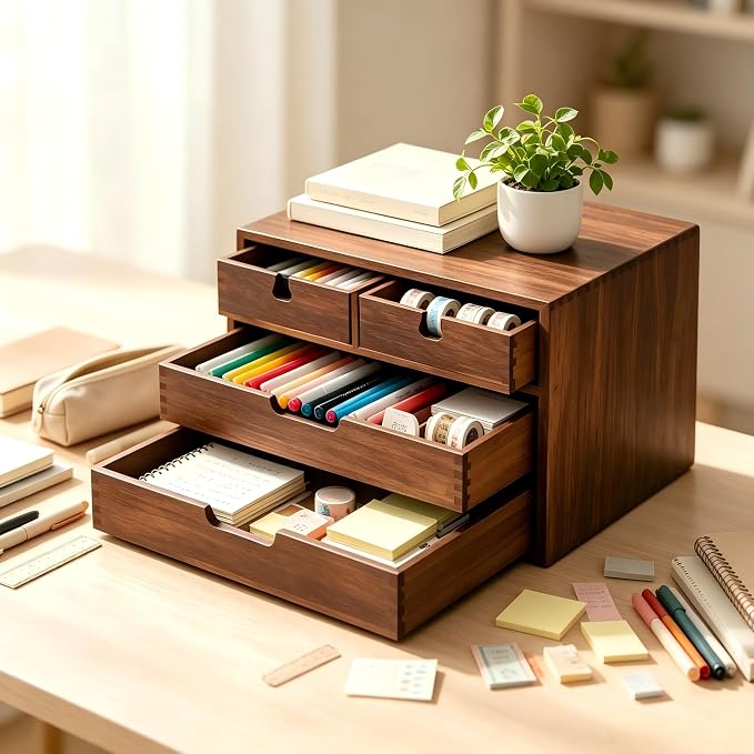 Bamboo Desk Organizer, 100% Natural Bamboo Desktop Drawer Organizer, Dark Brown Tabletop Storage Cabinet Organization Box with 4 Drawer for Makeup, Letter, Home, 3 Layer, Fully Assemble - Image 2