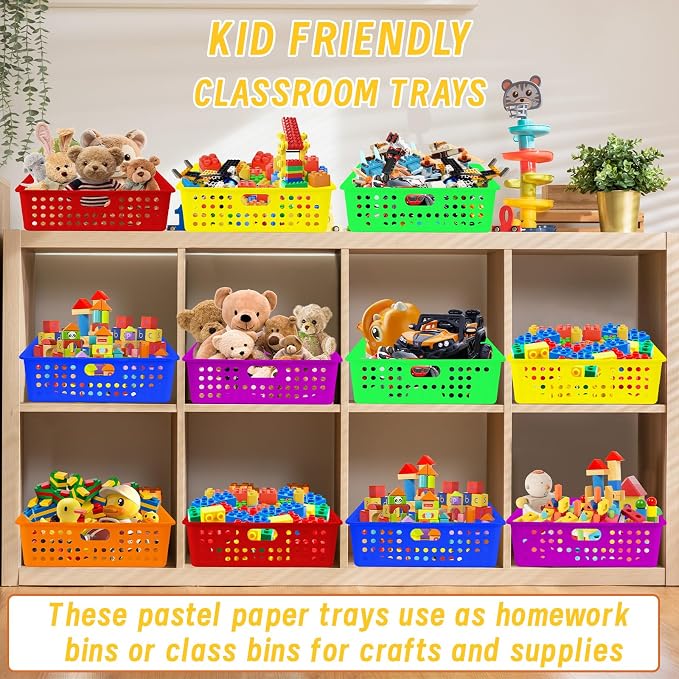 12 Pcs Plastic Classroom Storage Baskets Bulk 14 x 10 In Turn in Paper Tray for Classroom A4 Size Colorful Storage Organizer Bin with Handles Stackable Container for Playroom Home Office School Supply - Image 6
