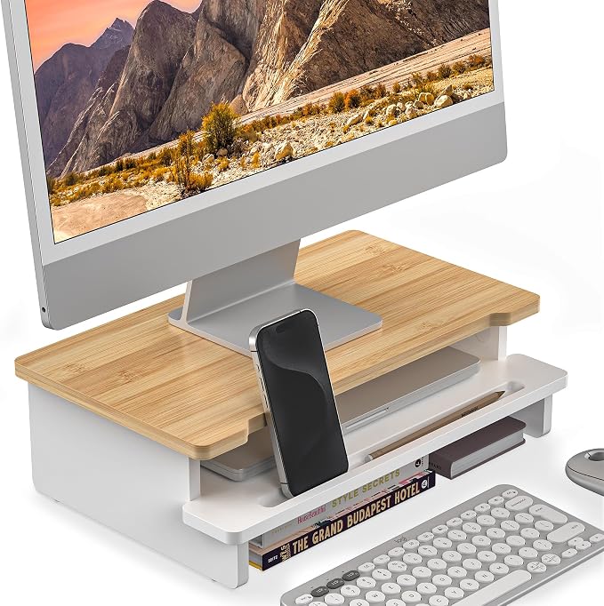 16.5” Bamboo Monitor Stand with Phone & Tablet Holder Desk Shelf | Monitor Riser for 36-48 Inch Desk Cozy Computer Setup Workplace Organizer Keyboard Storage Ergonomic White & Natural Bamboo by WELLWENG