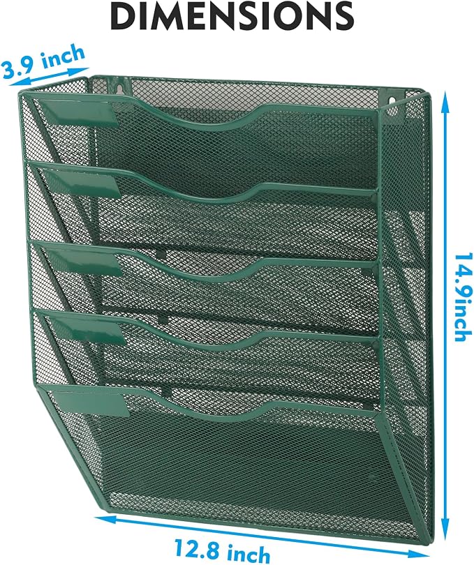 Magnetic 5 Pocket Mesh Hanging File Organizer, Wall Mounted Mail Paper Document Folder Holder, Clipboard Storage Organization Magazine Rack with Nametag Label for Office School, Dark Green - Image 3