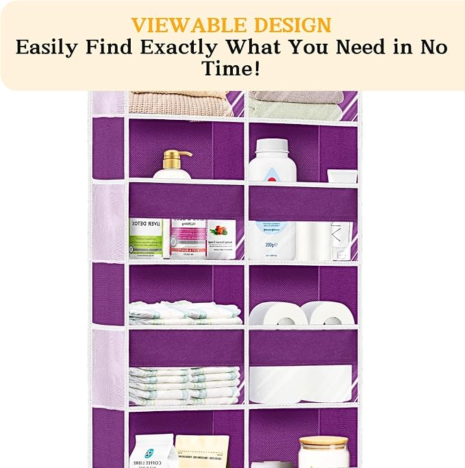 Over The Door Organizer 5 Tiers, Extra Large Behind Door Storage of 10 Compartments, 80 lbs Weight Capacity Hanging Storage Organizer with Clear Window Kids Toys,Shoes,Diapers,Room Storage,Purple - Image 6
