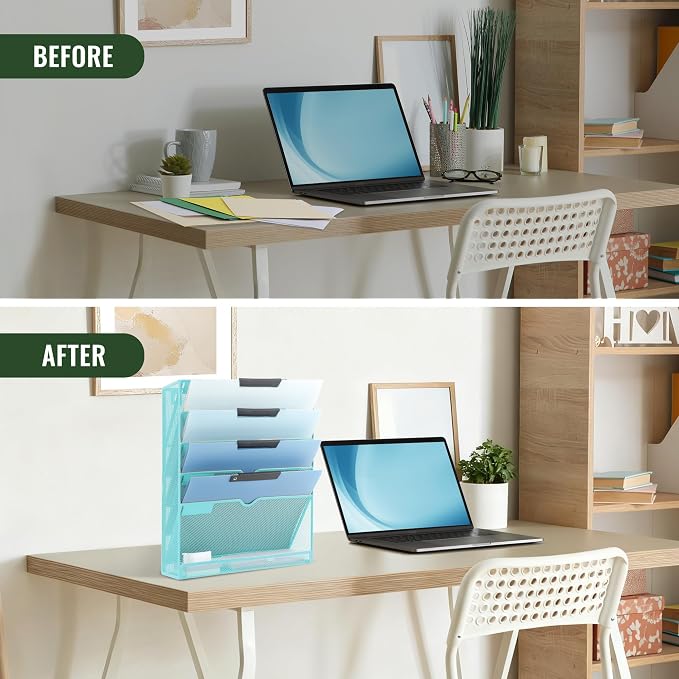 6 Tier Mesh Hanging Wall File Organizer, Desk Vertical Mail Paper Document Folder Holder Rack with Bottom Tray and Nametag Label for Office Home School, Blue - Image 5