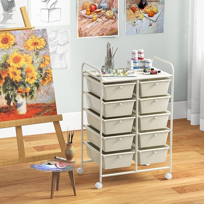 Giantex 10 Drawers Rolling Cart, Classroom Organizers, Storage Cart with Wheels, for Teacher Office Home School Supplies Tool Craft Art Paper, Ivory Color - Image 2