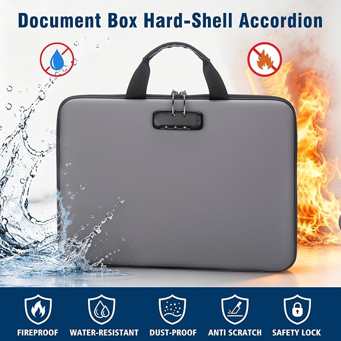 Fireproof Document Box with Lock, Hard-Shell Case Fireproof File Organizer with 13 Pocket Accordion File Folder, Portable Home Office Travel Safe Storage for Important Documents Laptop - Image 2