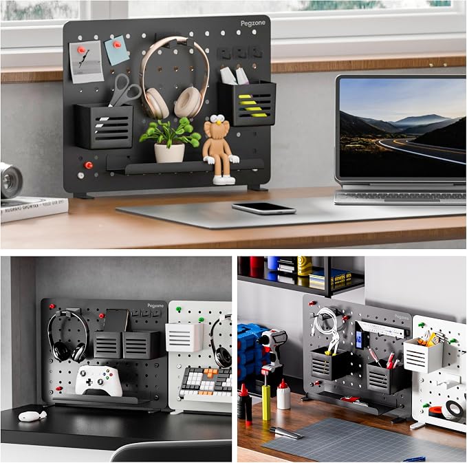 Clamp on Desk Pegboard, 16.5" x 12.6", with 10 Accessories, Black | Magnetic Metal Peg Board, Desk Organizer for Office Gaming Home, Privacy Panel, Medium - Image 3