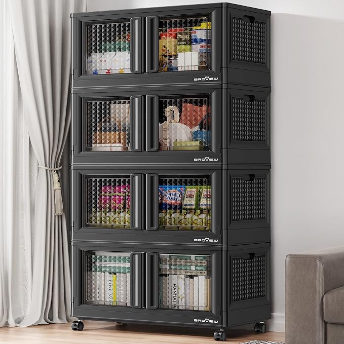 BROVIEW 400Qt Stackable Storage Bins with Lids, 100Gal Closet Organizers and Storage Drawer, Plastic Collapsible Storage Bins with Doors, Heavy Duty Store Box Cabinet for Home Kitchen, 4Pack Black by BROVIEW-EnjoytheArtofLife