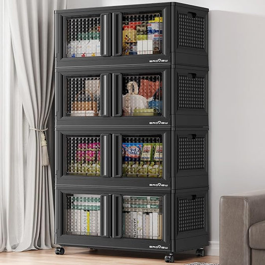 BROVIEW 400Qt Stackable Storage Bins with Lids, 100Gal Closet Organizers and Storage Drawer, Plastic Collapsible Storage Bins with Doors, Heavy Duty Store Box Cabinet for Home Kitchen, 4Pack Black by BROVIEW-EnjoytheArtofLife