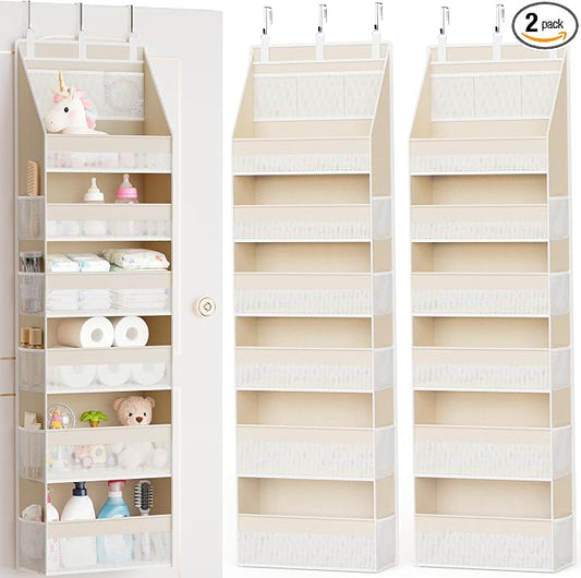 2 Pack Over the Door Organizer, 6-Shelf Closet Hanging Storage with 13 Mesh Pockets, 55lbs Capacity Behind the Door Storage for Baby Nursery, Bathroom, Bedroom, and Dorm, Beige by Criusia