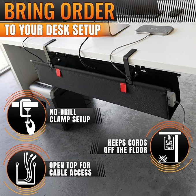 Under Desk Cable Management Tray 28" — No Drill Clamp-On Cord Organizer for Desk with Built-in Ties, Heavy Duty Metal Clamp, Foldable 600D Oxford Fabric for Home Office, WFH & Gaming PC Setup (Black) - Image 5