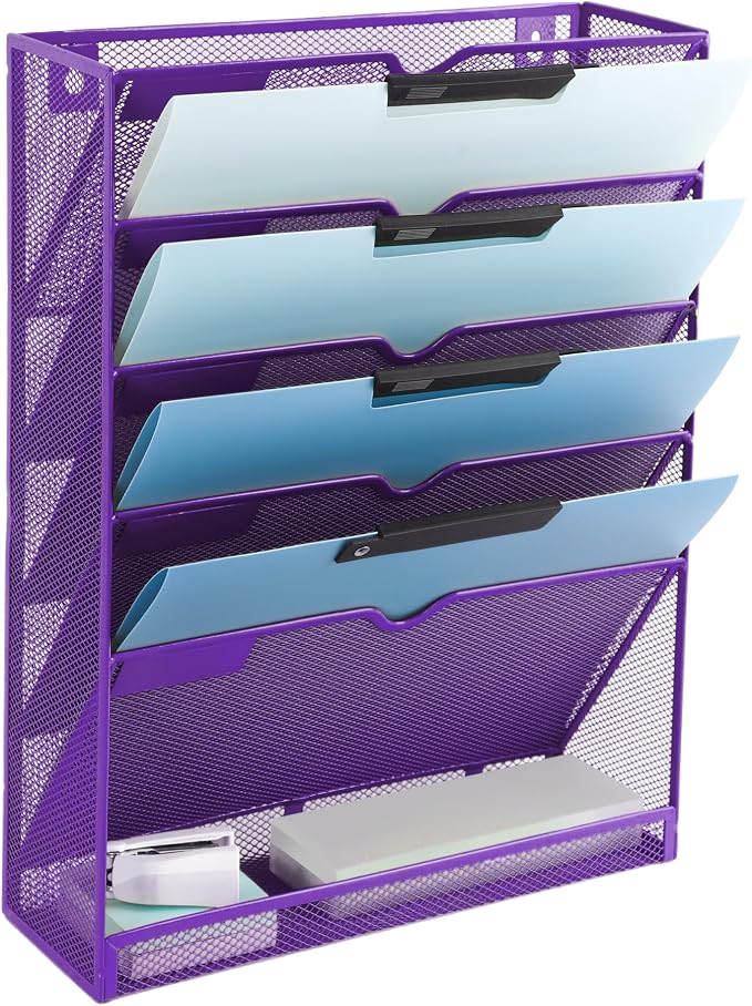 6 Tier Mesh Hanging Wall File Organizer, Desk Vertical Mail Paper Document Folder Holder Rack with Bottom Tray and Nametag Label for Office Home School, Purple by EASEPRES