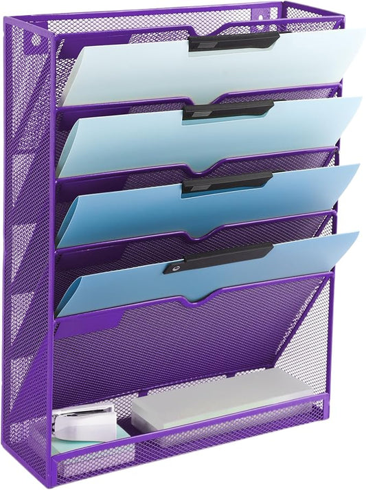 6 Tier Mesh Hanging Wall File Organizer, Desk Vertical Mail Paper Document Folder Holder Rack with Bottom Tray and Nametag Label for Office Home School, Purple by EASEPRES