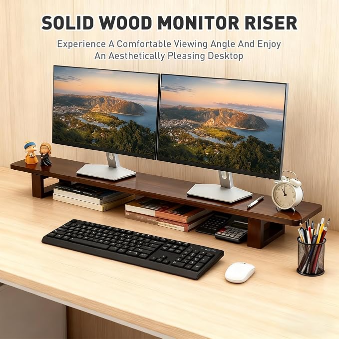 Dual Monitor Stand Riser, 47Inch Solid Wood Desktop Organizer with Non-Slip Pads, Holder for 2 Monitors, Laptops, TV, PC, Printer, Walnut Finish - Image 4
