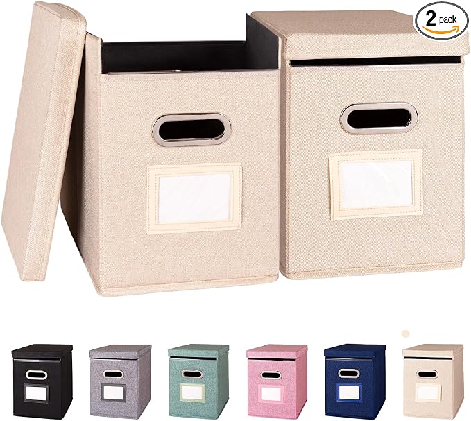 2 Pack Hanging File Folders Organizer with Lid, Letter Size Fabric File Storage Box Collapsible, Portable Office Document Holder with Metal Handle, Smooth PVC Rails, Beige by ComfortKeeper