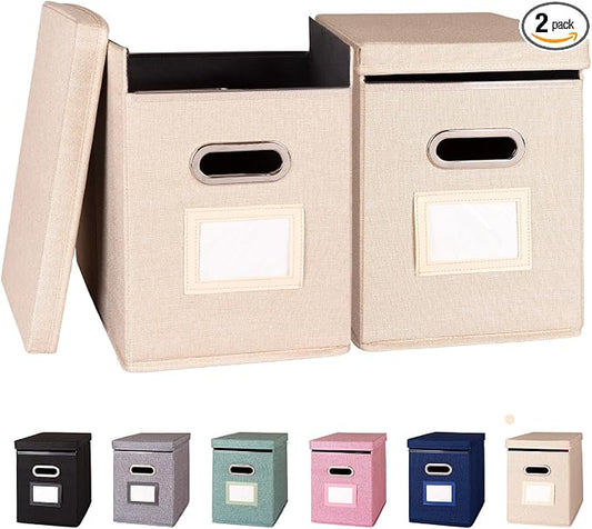 2 Pack Hanging File Folders Organizer with Lid, Letter Size Fabric File Storage Box Collapsible, Portable Office Document Holder with Metal Handle, Smooth PVC Rails, Beige by ComfortKeeper