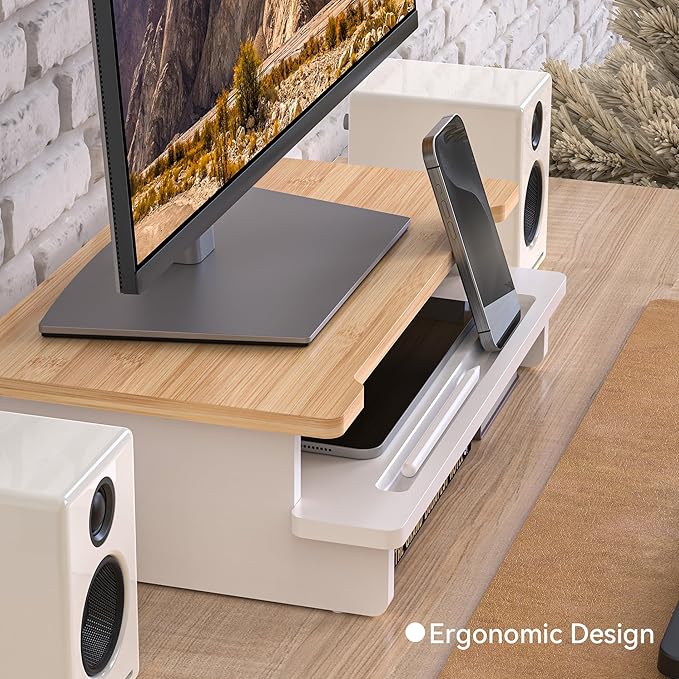 16.5” Bamboo Monitor Stand with Phone & Tablet Holder Desk Shelf | Monitor Riser for 36-48 Inch Desk Cozy Computer Setup Workplace Organizer Keyboard Storage Ergonomic White & Natural Bamboo - Image 3