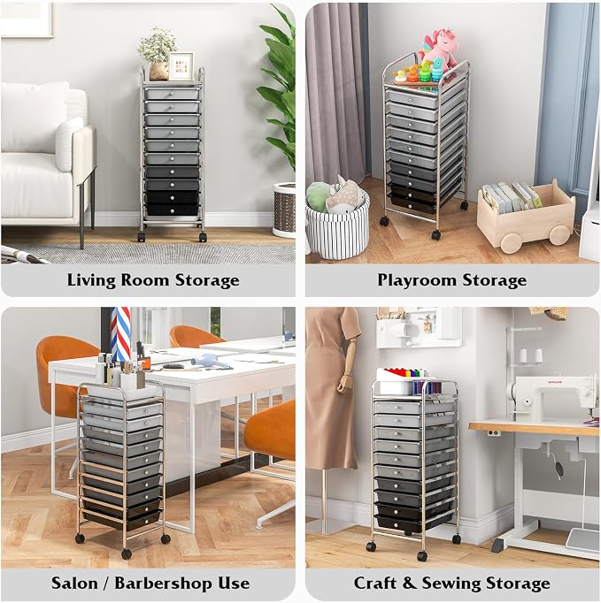 Giantex 10-Drawer Storage Cart w/Universal Wheel, Rolling Cart w/Handle, Home Organizer Storage Unit w/Removable Drawers, Trolley Utility Cart for Kitchen Makeup Living Room Office Play Room - Image 7