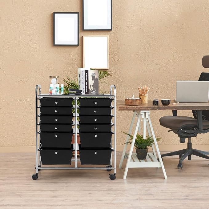 GOFLAME 12-Drawer Rolling Storage Cart, Multipurpose Organizer Cart with 2 Sizes Plastic Drawers, Mobile Utility Cart with Lockable Casters for School, Home Office, Beauty Salon, Black - Image 2