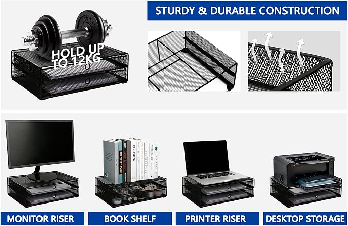 Exerz Monitor Display Stand with Drawers - Desk Organizer with Computer Monitor Stand Riser - Max 15kgs - Image 2