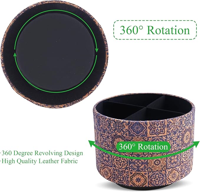 Round Leather Art Supply Organizer,Remote Control Holder,360 Degree Spinning,Multi-Functional Pencil Holder,4 Compartments Desktop Stationary Organizer(1-Wood Leather Blue)