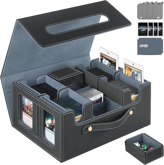 Trading Card Storage Box for MTG, MTG commander deck box，Multi-purpose Deck Case for MTG TCG Sports Card, 4 Toploaders, 4 Stoppers, 4 Colorful Dividers (Black & Grey) by CardStorageBoxformtg