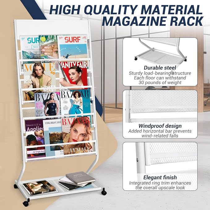 4-Tier Rolling Magazine Rack, Floor Standing Brochure & Literature Display Stand, 23.4" Wide, White - Image 3