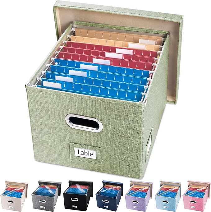 File Organizer Box - Set of 1 Collapsible Decorative Linen Filing Storage Hanging File Folders with Lids Office Cabinet Letter/Legal Green (17x14x11.2 inch) by Prandom