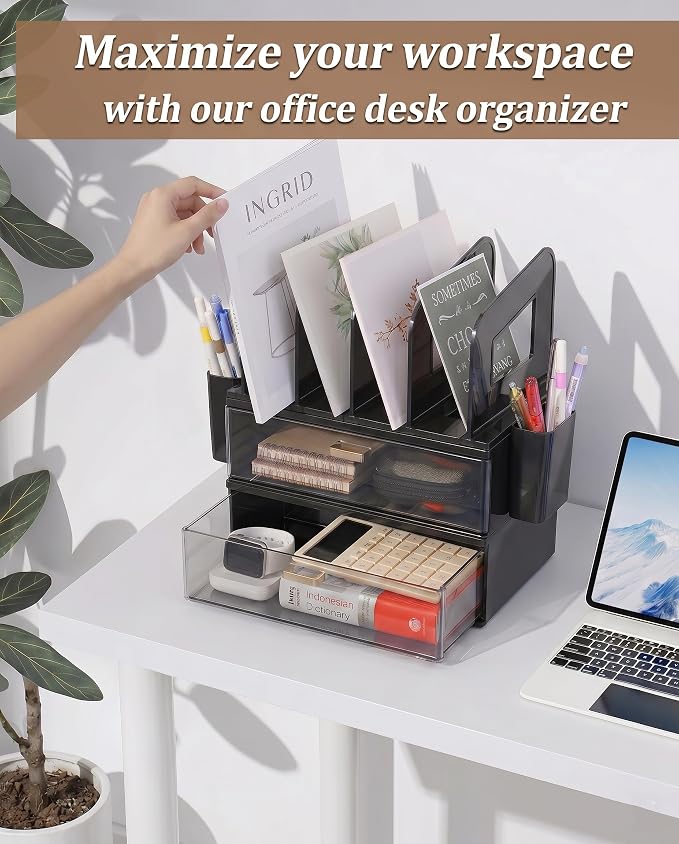 LALOBLUE Acrylic Desk Organizer with Drawer and Vertical File Holder, Desk Organizers and Accessories, Multi-Functional Office Supplies Organizer for Home or Work Desk, Black - Image 7