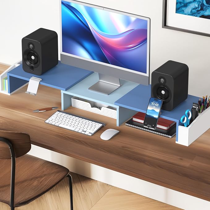Simple Houseware Desk Dual Monitor Stand Riser with Drawer, Blue | Customizable Organizer Tray, Built-In Phone & Tablet Slot and Side Storage - Image 5