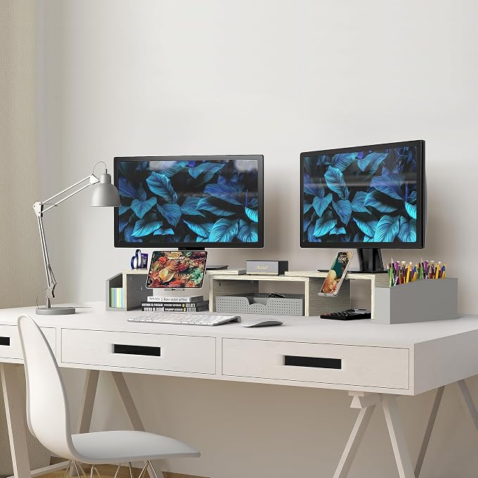 Simple Houseware Desk Dual Monitor Stand Riser with Drawer, Maple | Customizable Organizer Tray, Built-In Phone & Tablet Slot and Side Storage - Image 5