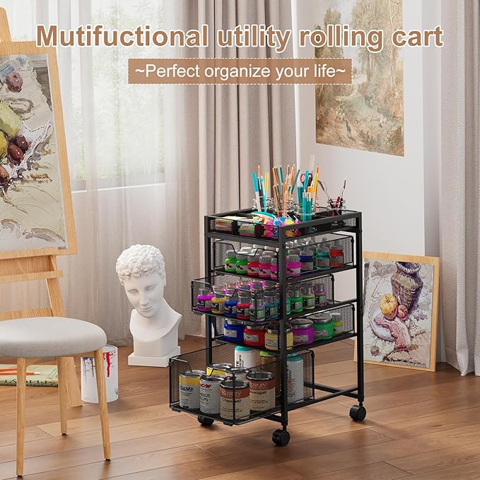Rolling Utility Cart with 4 Drawers, Craft Organizer and Storage Carts with DIY Divider, Lockable Wheels Storage Organizer for Art Supplies, Store for Brushes & Paints & Small Parts(Patent Pending) - Image 4