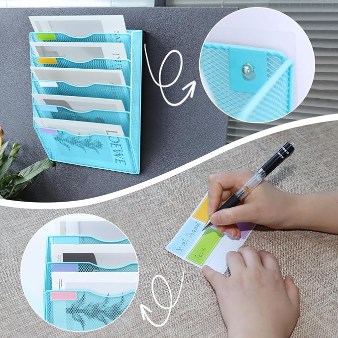 5 Pockets Mesh Wall File Holder Organizer Office Hanging File Folder Magazine Rack, Nametag Label Hooks Set Included (Blue) - Image 4