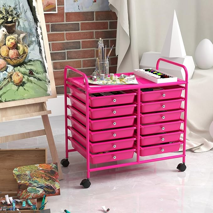 GOFLAME 12-Drawer Rolling Storage Cart, Multifunctional Art Craft Organizer Cart, Mobile Utility Storage Cart with Removable Drawers & Lockable Wheels, Craft Cart for Home Office School, Hot Pink - Image 8