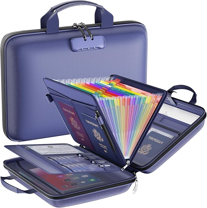 Tamfile Fireproof File Organizer with Lock,Hard Case Fireproof Document Box | 13 Colour Pockets Accordion File Folder, Office Home Important Document Organizer for Letter A4 Files Laptop Passports,Blue by Tamfile