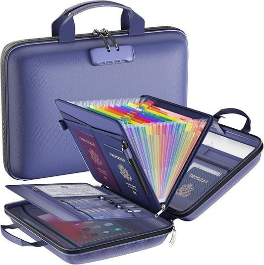 Tamfile Fireproof File Organizer with Lock,Hard Case Fireproof Document Box | 13 Colour Pockets Accordion File Folder, Office Home Important Document Organizer for Letter A4 Files Laptop Passports,Blue by Tamfile
