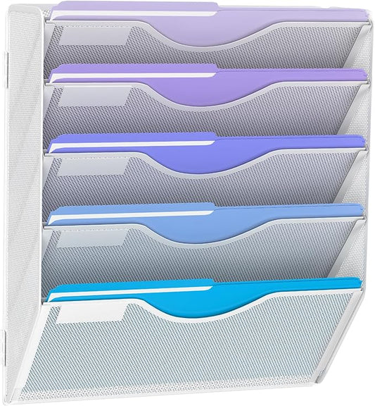 Gawerk 5 Tier Hanging Wall File Organizer, Mesh Mail Paper Orgnization Hanging File Folder Holder for Home Office, White by Gawerk