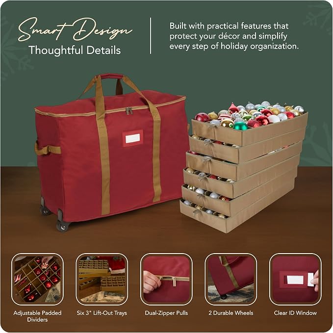 Covermates Keepsakes Rolling Adjustable Ornament Storage Bag – Heavy-Duty Polyester, FlexGrid Trays & Padded Dividers – Protective Holiday Organizer with Wheels, Handles & ID Window, Red - Image 4