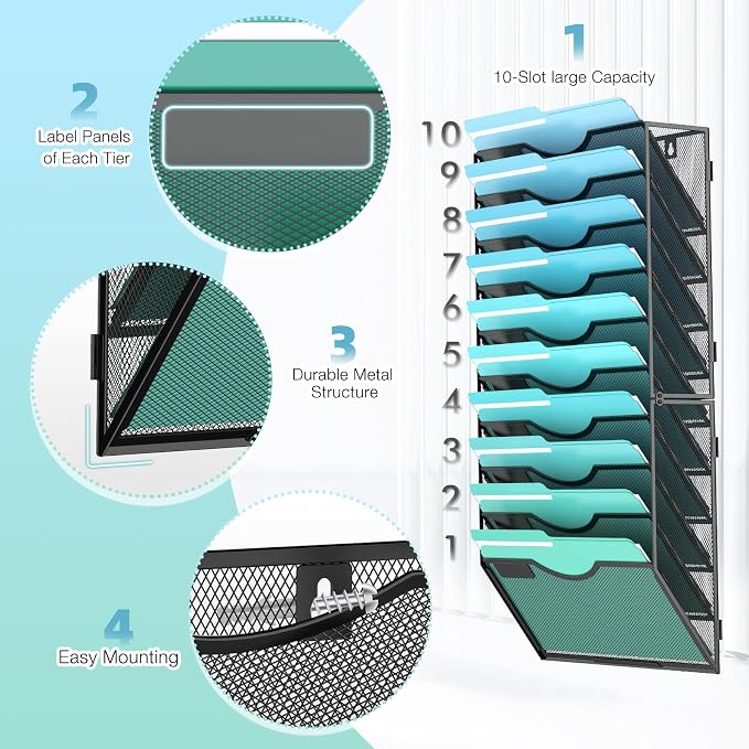 Gawerk 10-Tier Wall File Organizer Hanging Wall File Holder for Office | Wall Mount Paper Folder Organize, Mesh Magazine Document Mail Organizer Wall Organizer for Office School Home, Black - Image 3
