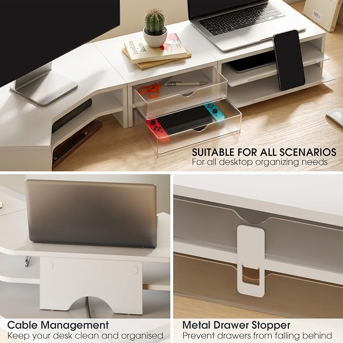 Fenge Dual Monitor Stand, Corner Desk Shelf with Drawer & Slide-Out Tray | Modular Design for Flexible Layouts, 2-Tier Storage Desktop Organizer for Computer, Laptop, Printer and Telephone - Image 5