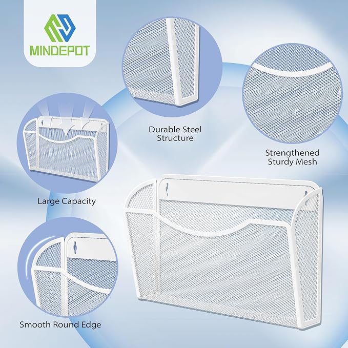 MINDEPOT Wall File Organizer, Hanging Wall File Holder, 2 Pack, White | Heavy Duty Iron, Metal Mesh Wall Mount, Single Pocket, Mail Organizer, for Office School Classroom Home, Letter A4 Size - Image 3