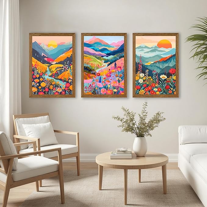 InspiredHues Colorful Mountain Boho Canvas Wall Art Set, 3 Piece Watercolor Flower Picture Wall Decor, Abstract Nature Landscape Artwork Prints for Living Room Bedroom Office 16x24 In Wood Framed