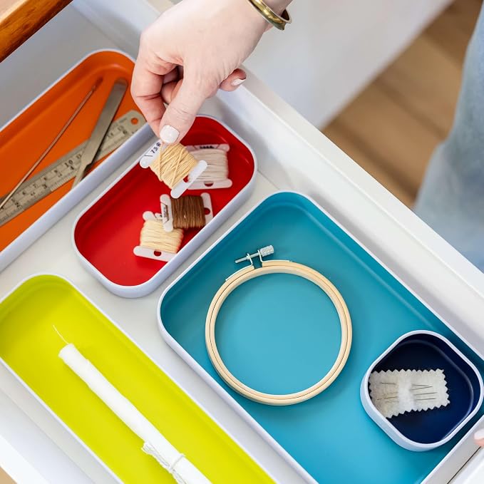Three by Three Seattle Metal Drawer Organizer Tray Set, 10-Pc (Assorted) | Colorful food-safe metal bins; soft non-scratch base; organize utensils, makeup & supplies across every room - Image 4